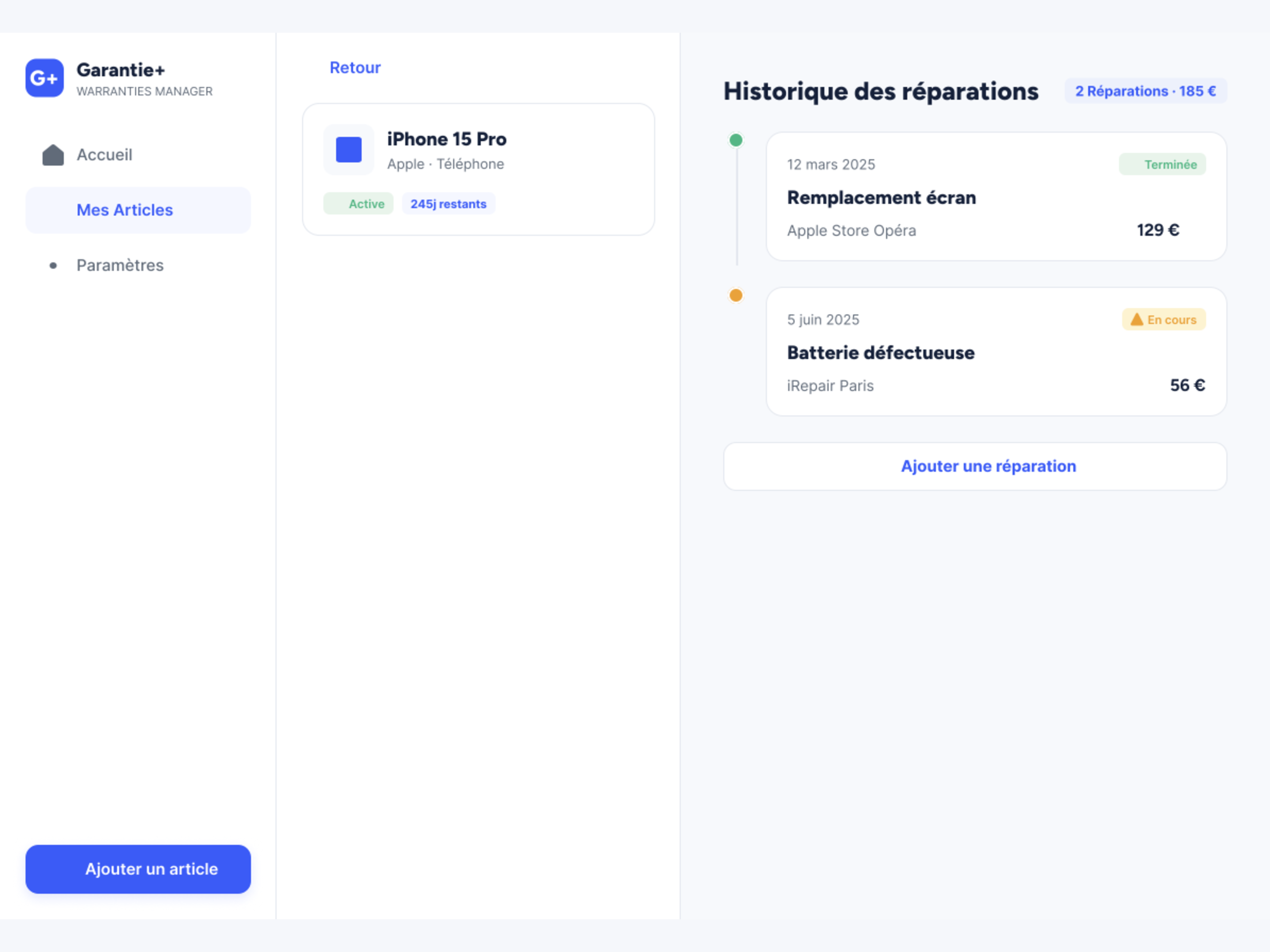 Historique des réparations dans Garantie+ sur iPad
