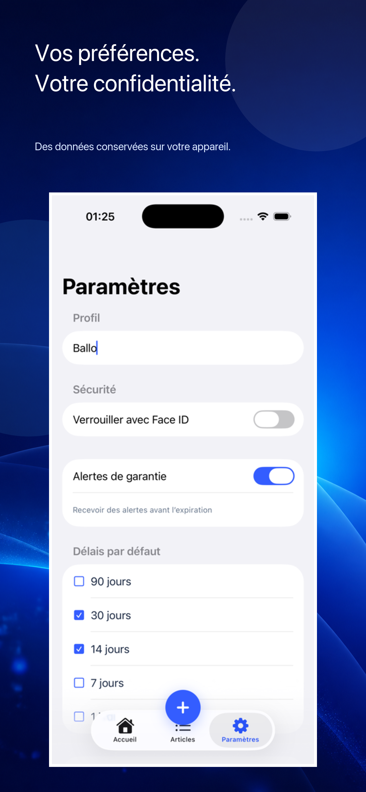 Réglages de confidentialité de Garantie+ sur iPhone