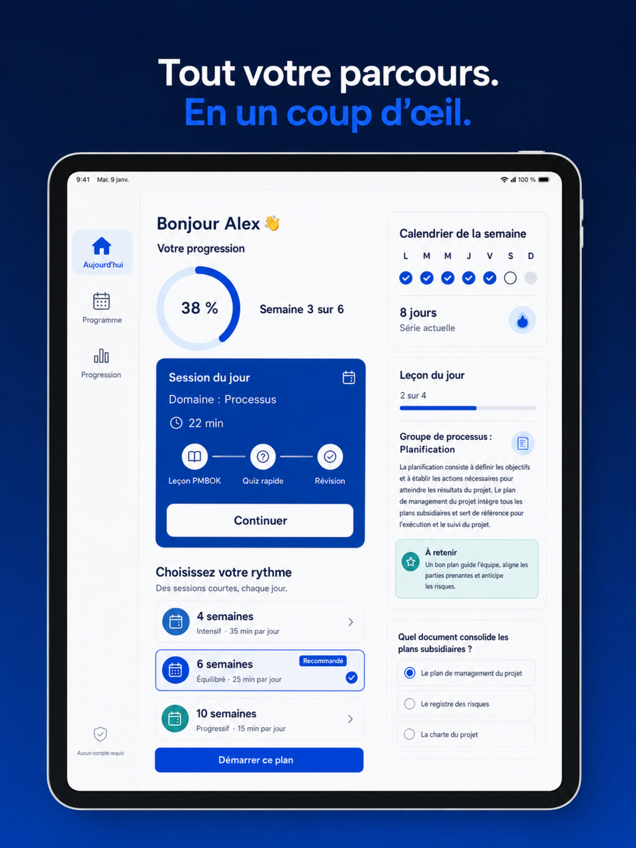 Vue d’ensemble du parcours PMBOOK 8 sur iPad