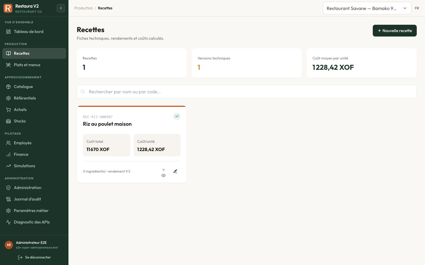 Gestion des recettes et coûts dans Restaura V2